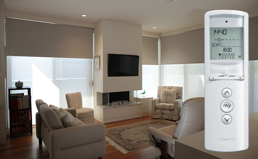 Twin multi-linked motorised roller blinds - Turramurra